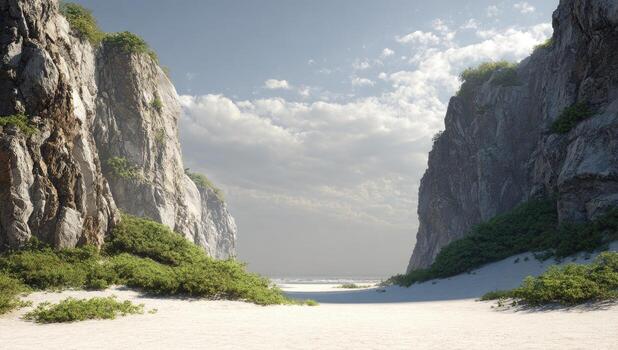 A beach with a path between two cliffs photo