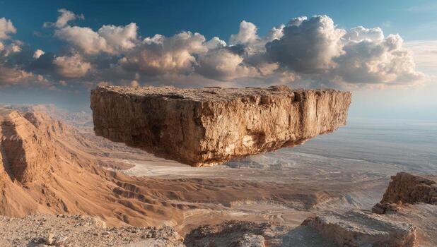 A floating rock in the middle of a desert photo