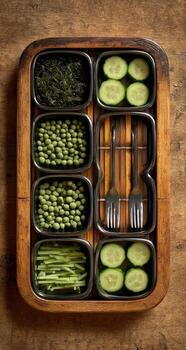A tray with four containers of vegetables and forks photo