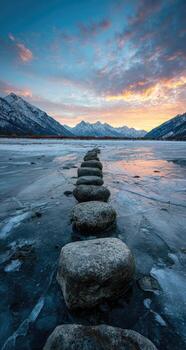A line of stepping stones in the middle of a frozen lake photo