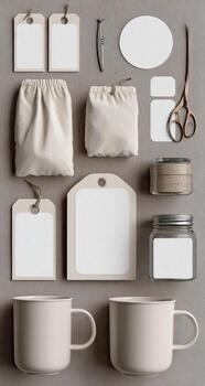 Various items including coffee cups, scissors, and tags photo