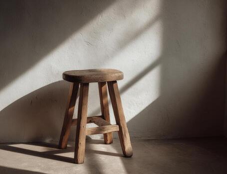 A stool in front of a wall with sunlight photo