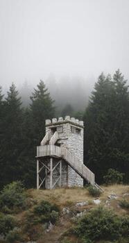 An old guard tower in the foggy forest photo