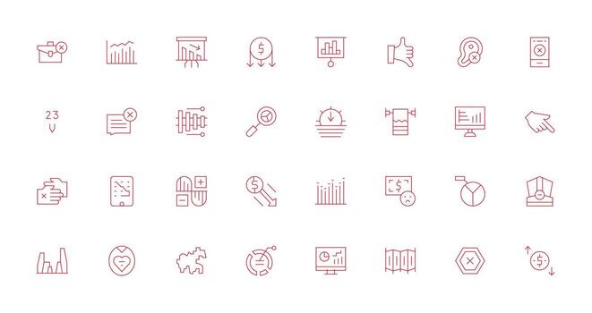 32 Decline Icons in Thin Line Aesthetic Clear and Concise Icon Set Collection vector