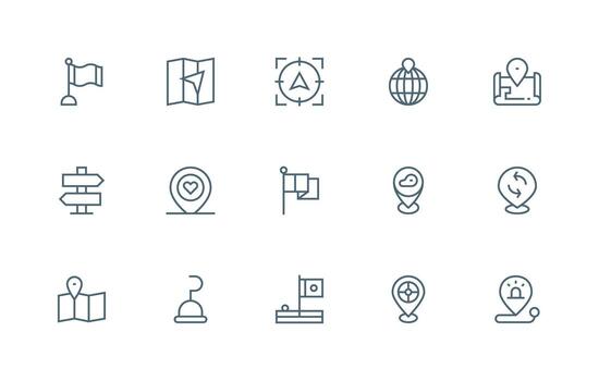 Location Marker Design Icons featuring 15 in Regular Line Style Modern Icon Set vector