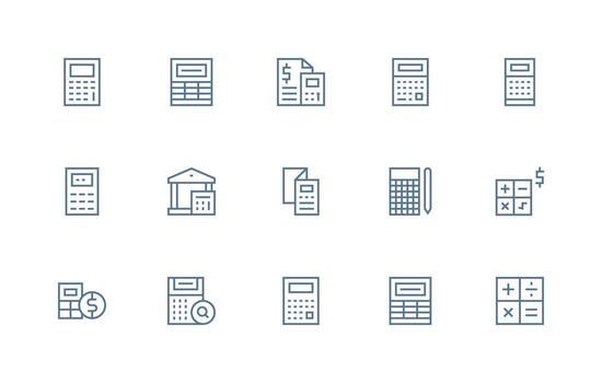 Calculator Icon Collection with 15 Regular Line Designs Full Icon Library for UI Designers vector