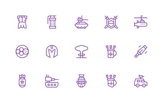 Weaponry featuring 15 Icons in Regular Line Design Clean Icon Collection for Web Use vector