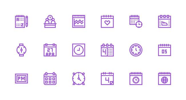 Calendar Design Icons featuring 18 in Strong Stroke Line Style Responsive Icon Set for Flexible Layouts vector