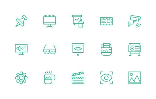 visual presentando 15 íconos en regular línea diseño íconos construido para visual consistencia paquete vector