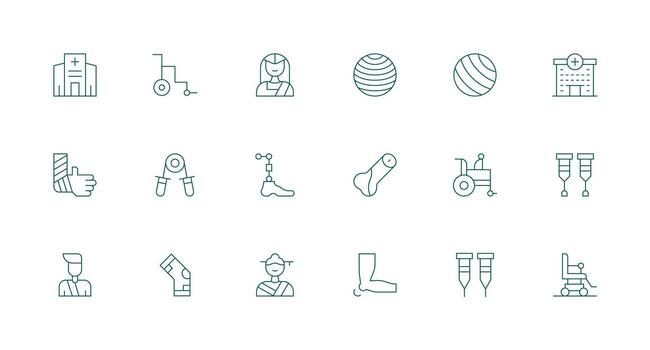 Rehabilitation Design Icons featuring 18 in Minimal Line Style Complete Icon Set for Mobile Apps vector
