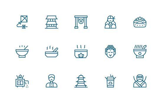 Asian including 15 Regular Line Illustrations Sharp Icons for Presentations vector