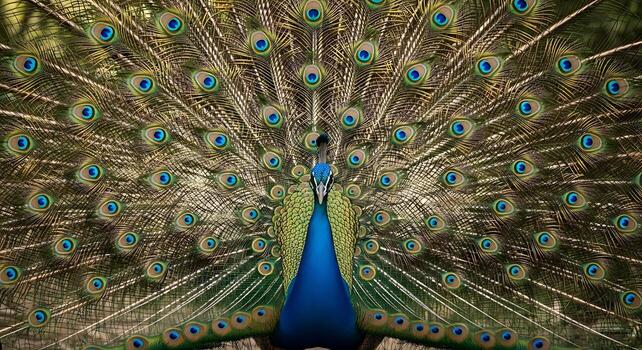 Peacock Standing on Stone Path Surrounded by Bushes photo
