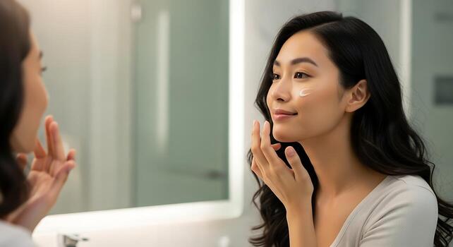 Asian Model Applying Skincare Moisturizer While Looking in Mirror photo