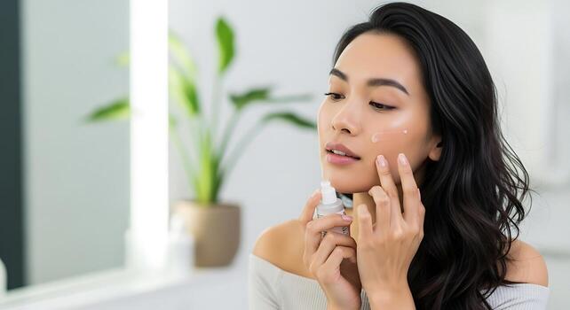 Asian Woman Using Transparent Serum Bottle in Minimal Studio Setup photo
