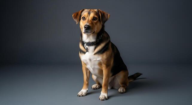 Dog Captured Gracefully on Smooth Minimal Beige Photography Floor photo