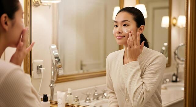 Asian Woman Smiling Softly While Applying Moisturizer in Studio photo