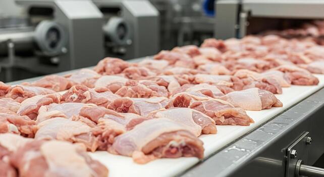 Chicken meat processing with automated conveyor and cutting machine photo