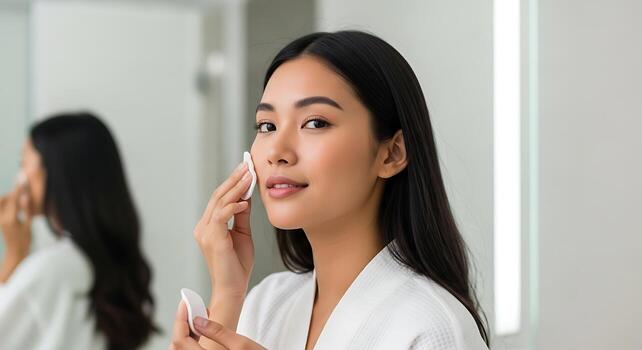 Asian Model Demonstrating Face Toner Application in Minimal Studio photo