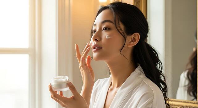 Asian Woman Using Moisturizer Cream Jar in Minimal Studio Setup photo