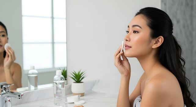 Asian Model Holding Micellar Water Bottle While Smiling Calmly photo