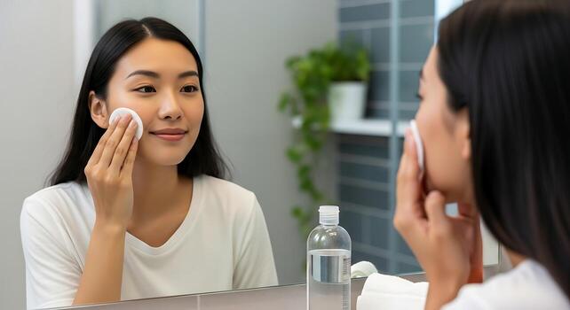 Gorgeous Asian Model Cleansing Face Using Cotton Pad Studio Photo