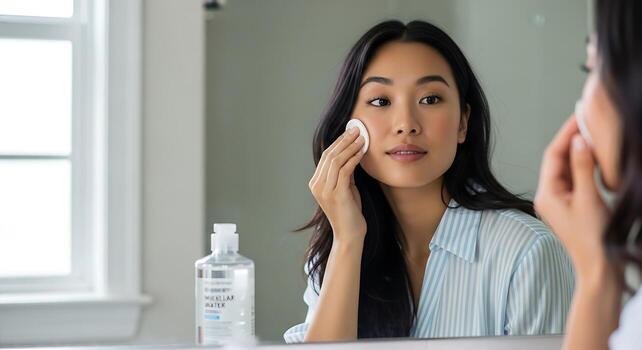 Gorgeous Asian Model Practicing Evening Skincare Routine Studio photo