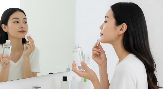 Asian Model Cleansing Face Using Micellar Water in Minimal Studio photo