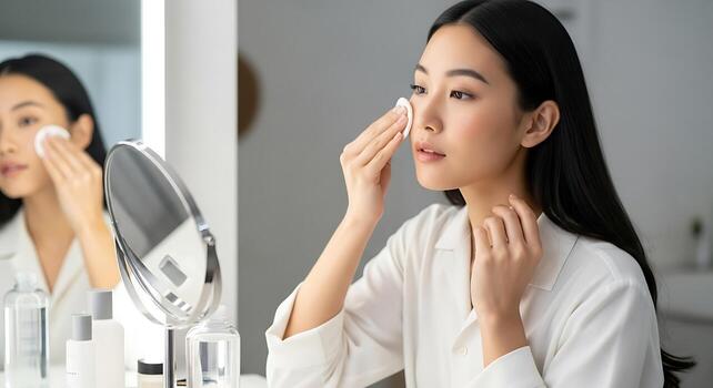 Beautiful Asian Model Removing Makeup Using Micellar Water photo
