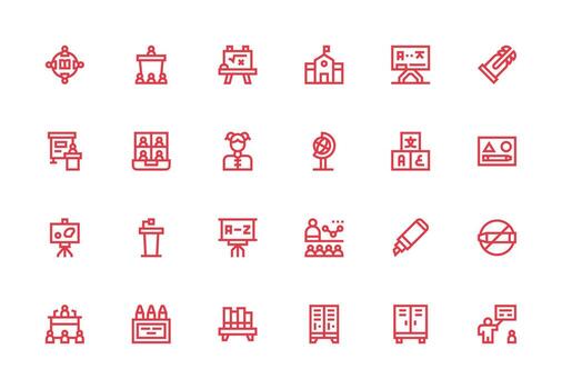 Classroom including 24 Thick Line Line Illustrations Complete Icon Bundle for Web Design vector