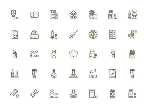 Pharmaceutical Design Icons featuring 35 in Regular Clean Line Style Full Icon Library for UI Designers vector