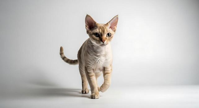 Studio Lifestyle Portrait Featuring Devon Rex Cat and Cushion photo