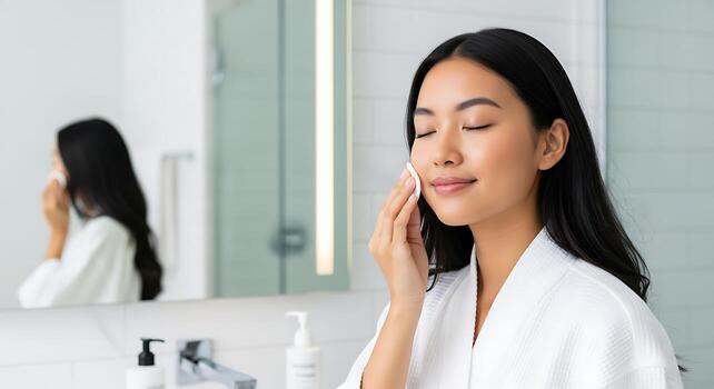 Studio Portrait of Smiling Asian Woman Using Face Toner photo
