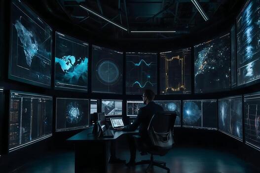 Futuristic Multiple Screens Displaying Complex AI Neural Network photo