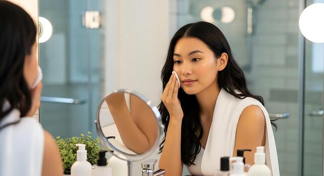 Beautiful Model Showing Micellar Water Product in Hand Studio photo
