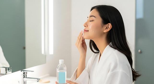 Studio Image of Asian Woman Applying Micellar Water on Face photo