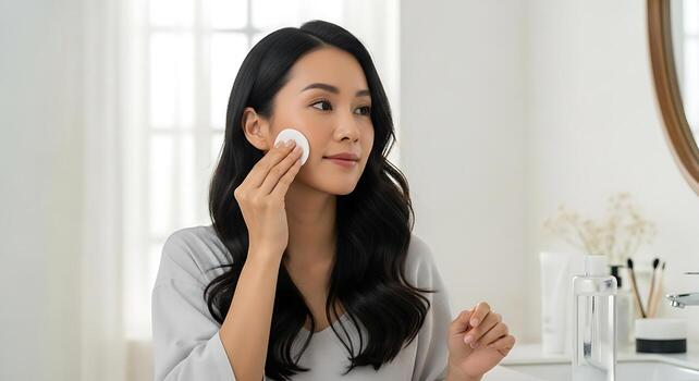 Studio Portrait of Asian Model Using Skincare Cleansing Solution photo