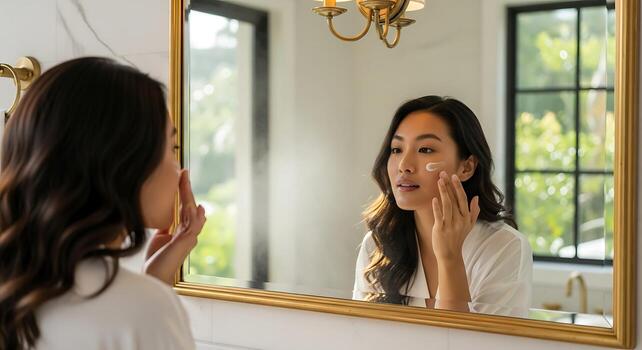 Studio Photo of Asian Model Using Facial Moisturizer Cream