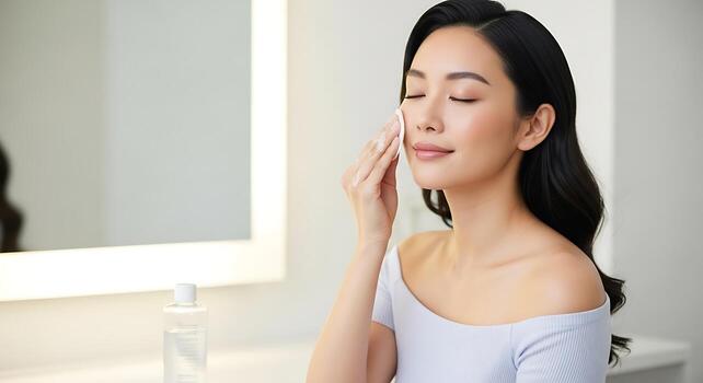 Asian Model Removing Foundation Gently Using Micellar Water Pad.jpeg photo