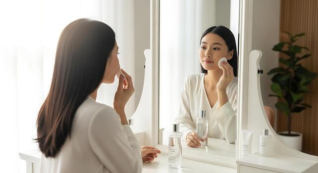 Asian Model Performing Skincare Routine Using Micellar Water.jpeg photo
