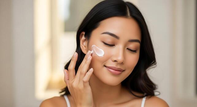 Studio Close-Up Shot of Asian Model Holding Cream Container photo