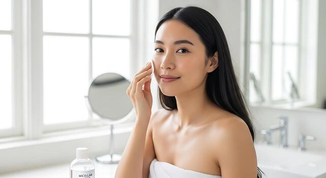 Asian Model Smiling While Presenting Micellar Water in Studio photo
