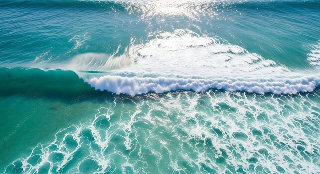 Aerial Top Down Ocean Waves Crashing On Seashore photo