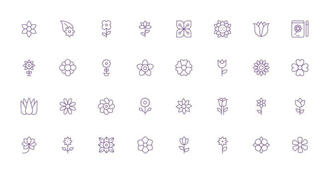 32 íconos para pétalo en Delgado línea formato diseño Listo icono conjunto para equipos vector