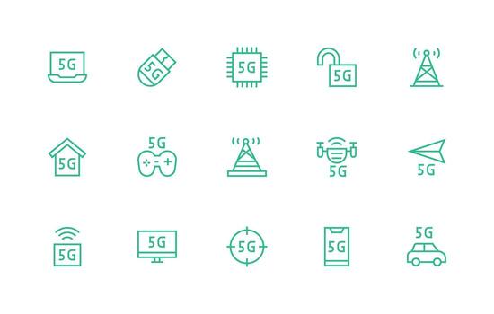 5G Design Icons featuring 15 in Regular Line Style Complete Icon Bundle for Web Design vector