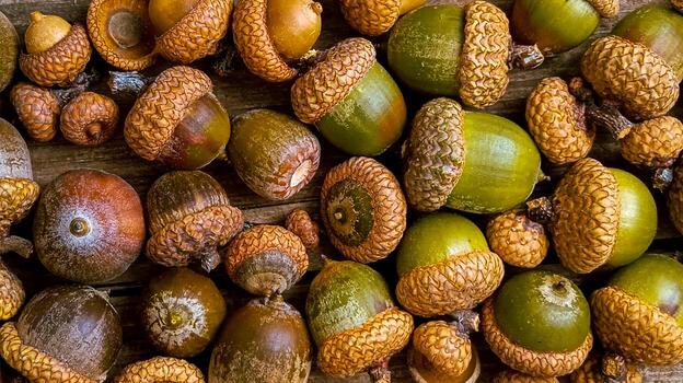 Natural acorns mix in green and brown shades, soft gradient transition, top view for autumn botanical design. photo