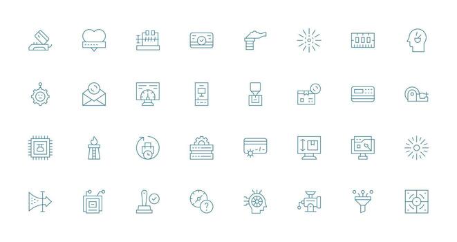 Delgado línea estilo Procesando íconos con 32 vectores diseño Listo icono conjunto para equipos