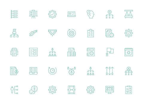 35 íconos para flujo de trabajo en ligero línea formato limpiar conjunto para diseño prototipos vector
