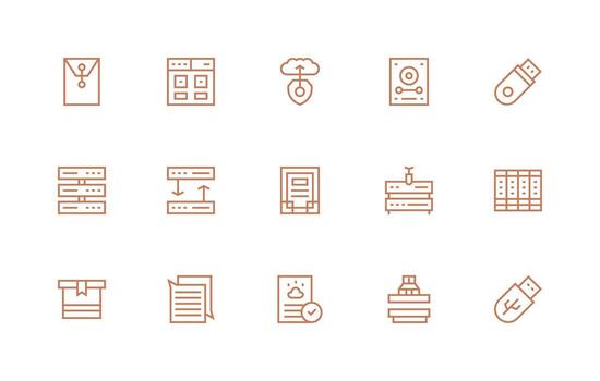 Regular Line Style Data Storage Icons with 15 Vectors Icon Set for Apps
