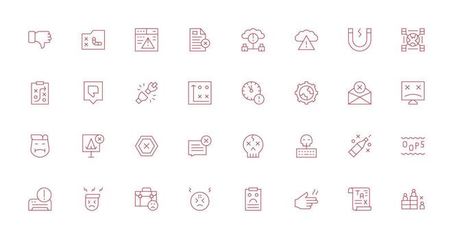 Delgado línea íconos desde fracaso conjunto con 32 vectores versátil icono colección para diseñadores