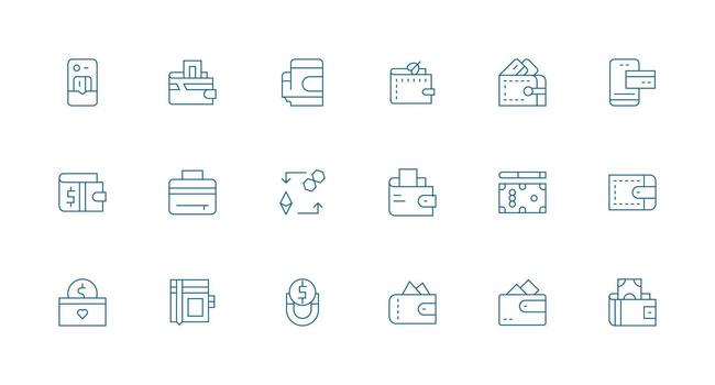 Wallet including 18 Minimal Line Illustrations Core Icon Collection for Daily Tasks vector